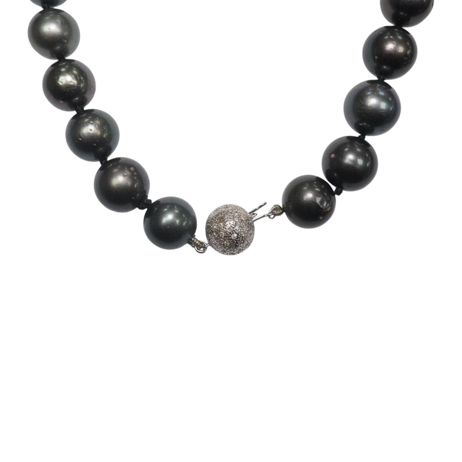 A modern single strand Tahitian black pearl necklace, with diamond cluster set 14k white metal spherical clasp, 40cm. Condition - fair to good